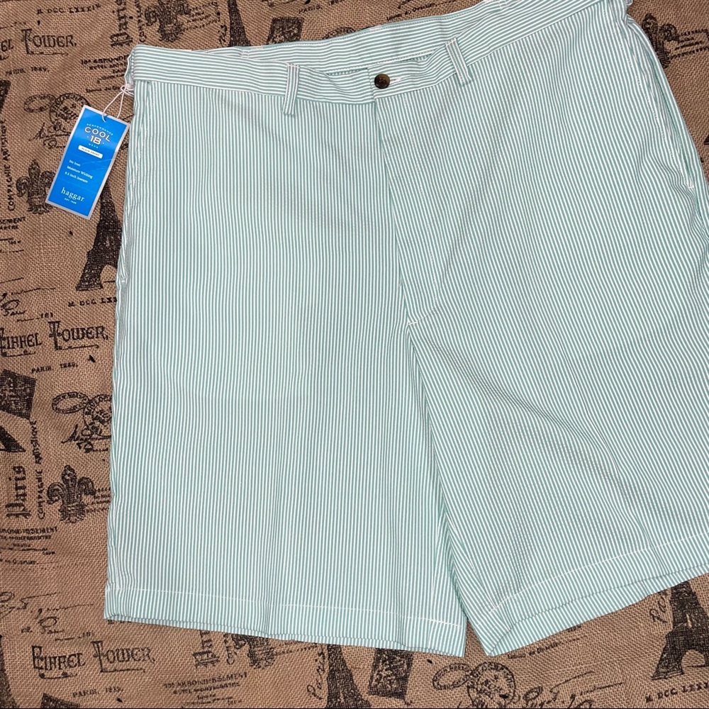 Haggar NWT! Seersucker Cool18 Turquoise/White Striped Short Size 38W - Picture 3 of 12